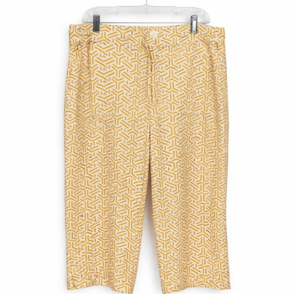 Liz Claiborne Linen Blend Capri Pants Geometric Print Straight Leg Cropped Sz Lg